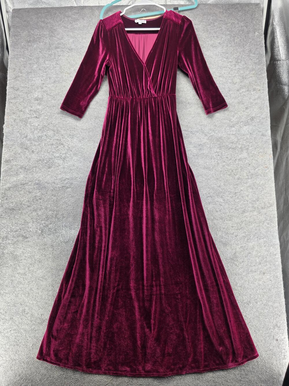Baltic Born Dress Womens S Purple Velvet Maxi Wrap V-Neck Lined Long 3/4 Sleeve